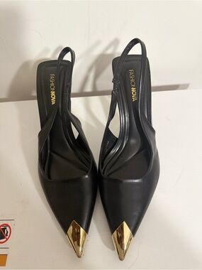 Fashion Nova Black Slingback Pumps with Gold Toe Detail